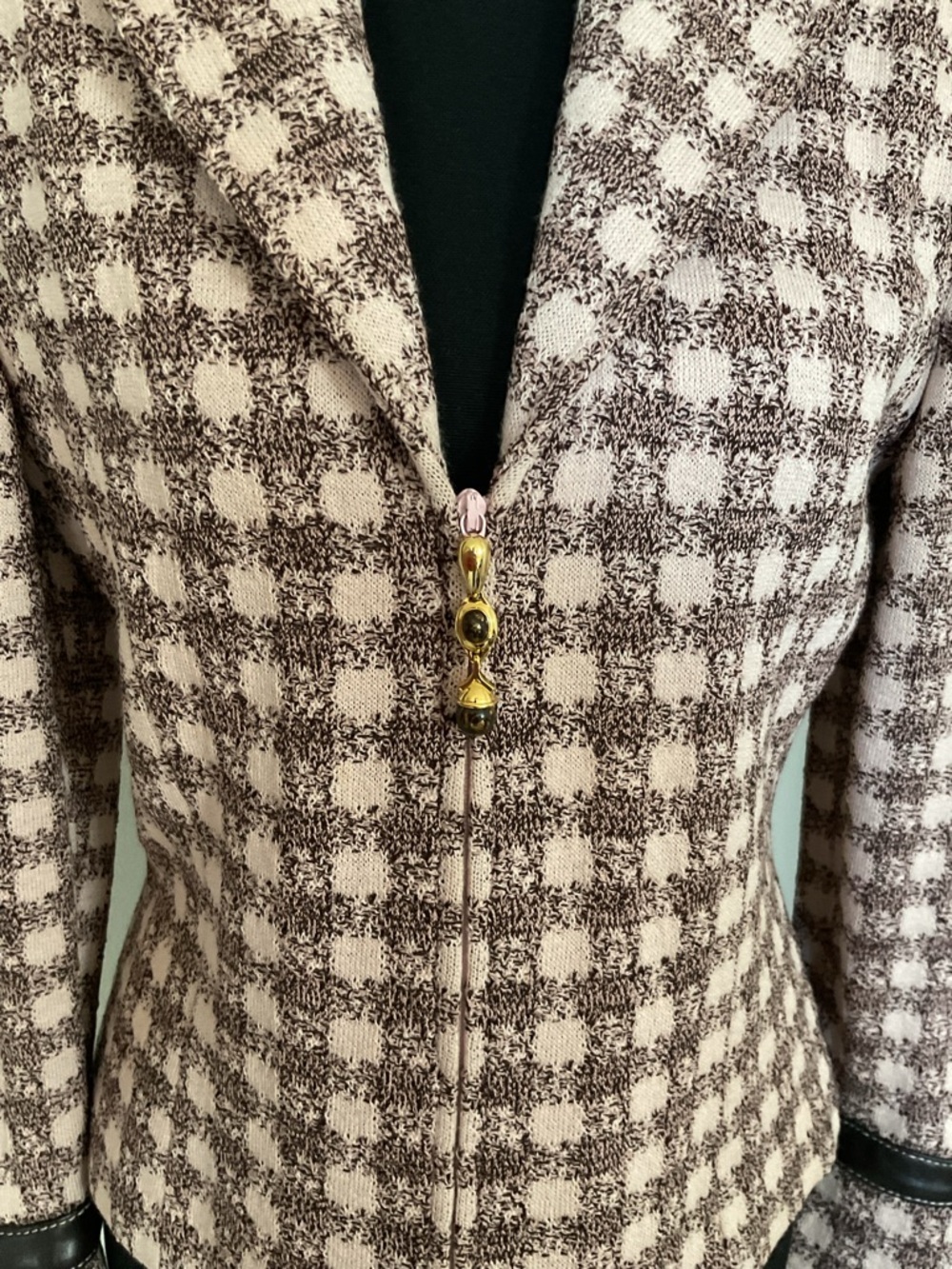 St. John Collection Brown and cream Tweed and leather Zip-Front Blazer - Picture 2 of 7